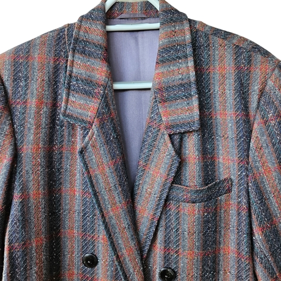 Vintage 90s Oversized Grey Red Blue Glen Plaid Hand Made Woolen Jacket Blazer 12 - Picture 5 of 15